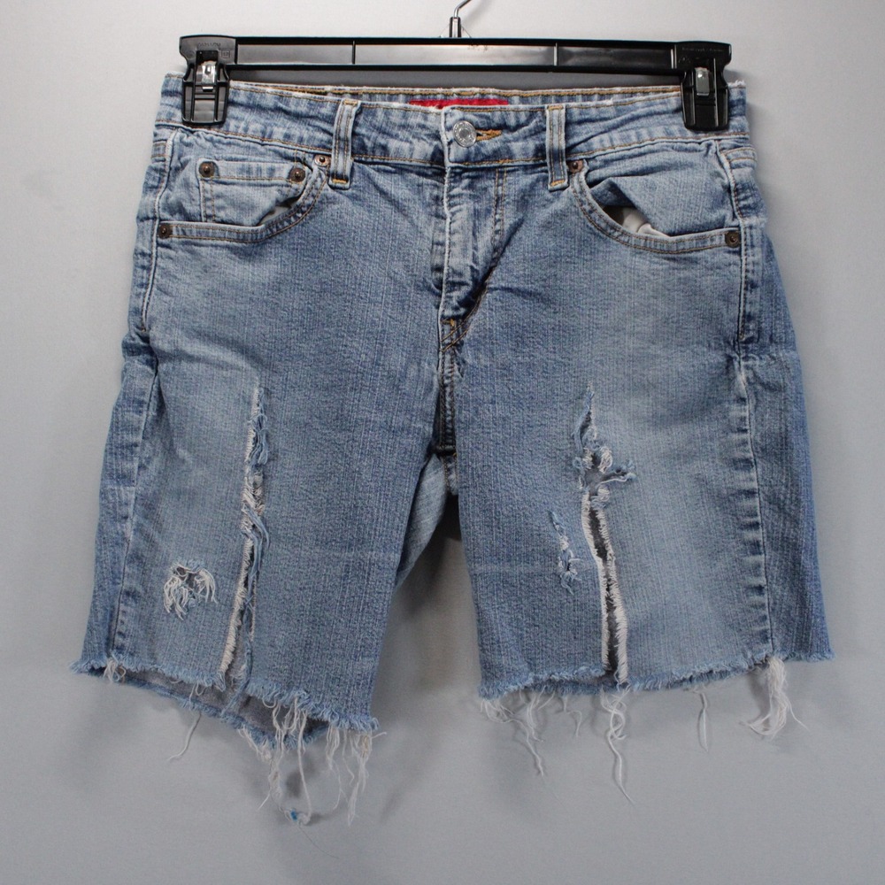 Levis 518 Superlow Cut Off Jean Shorts Front Slit Distressed Denim Light Wash 7S